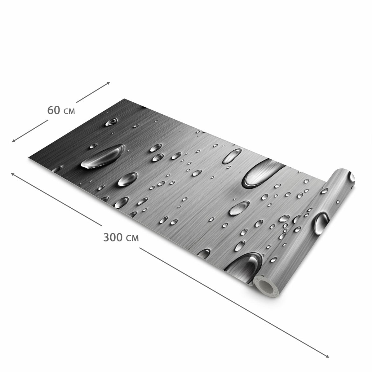Feuchtigkeitsresistenter Küchenläufer mit Motiv Wassertropfen auf Metall in der Größe 60x180 cm