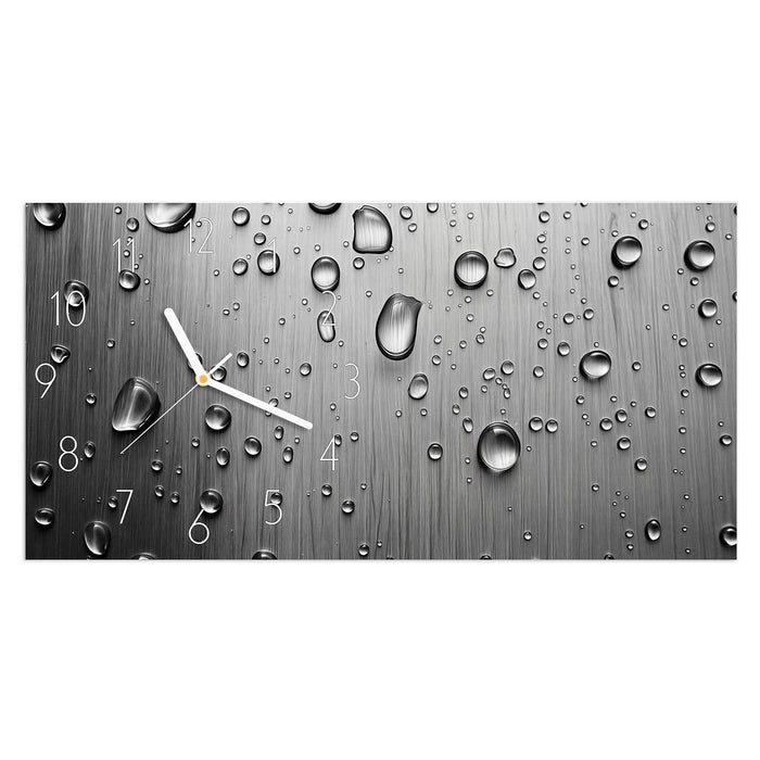 Wanduhr Wassertropfen auf Metall aus Glas – Querformat 60 × 30 cm mit Ziffernblatt Elegant