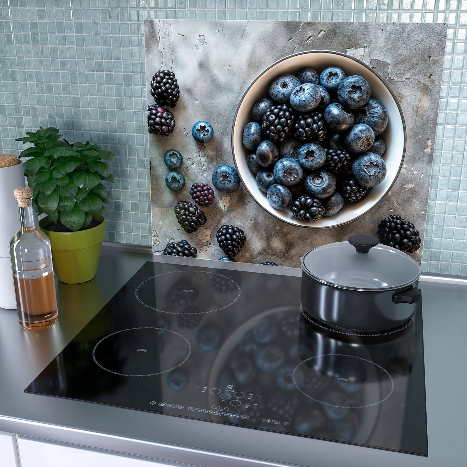 1-teilige Herdabdeckplatte für Ceranfeld mit Heidelbeeren Brombeeren-Motiv als Spritzschutz