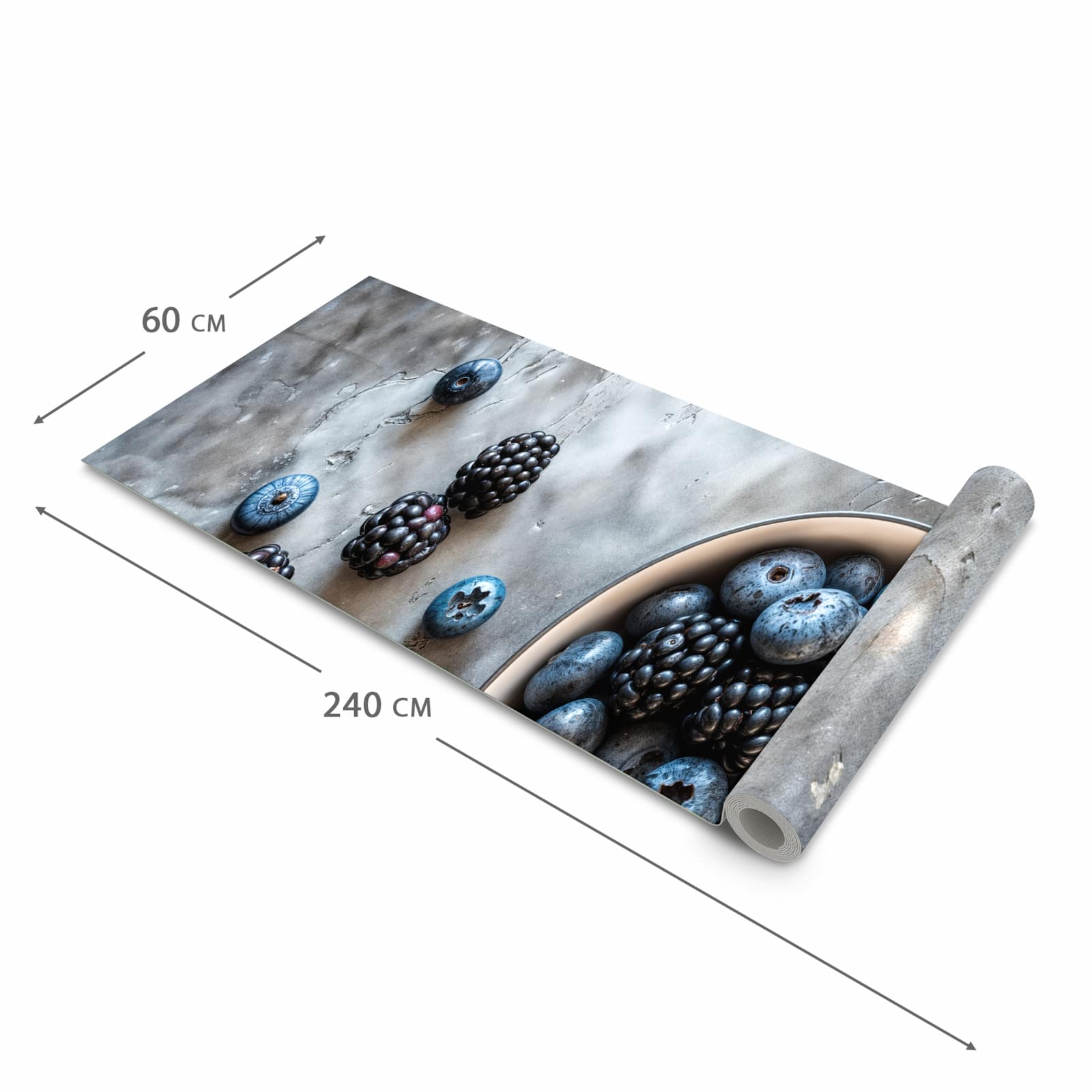 Fleckenresistenter Küchenteppich mit Motiv Heidelbeeren Brombeeren in der Grösse 60x150 cm, waschbar