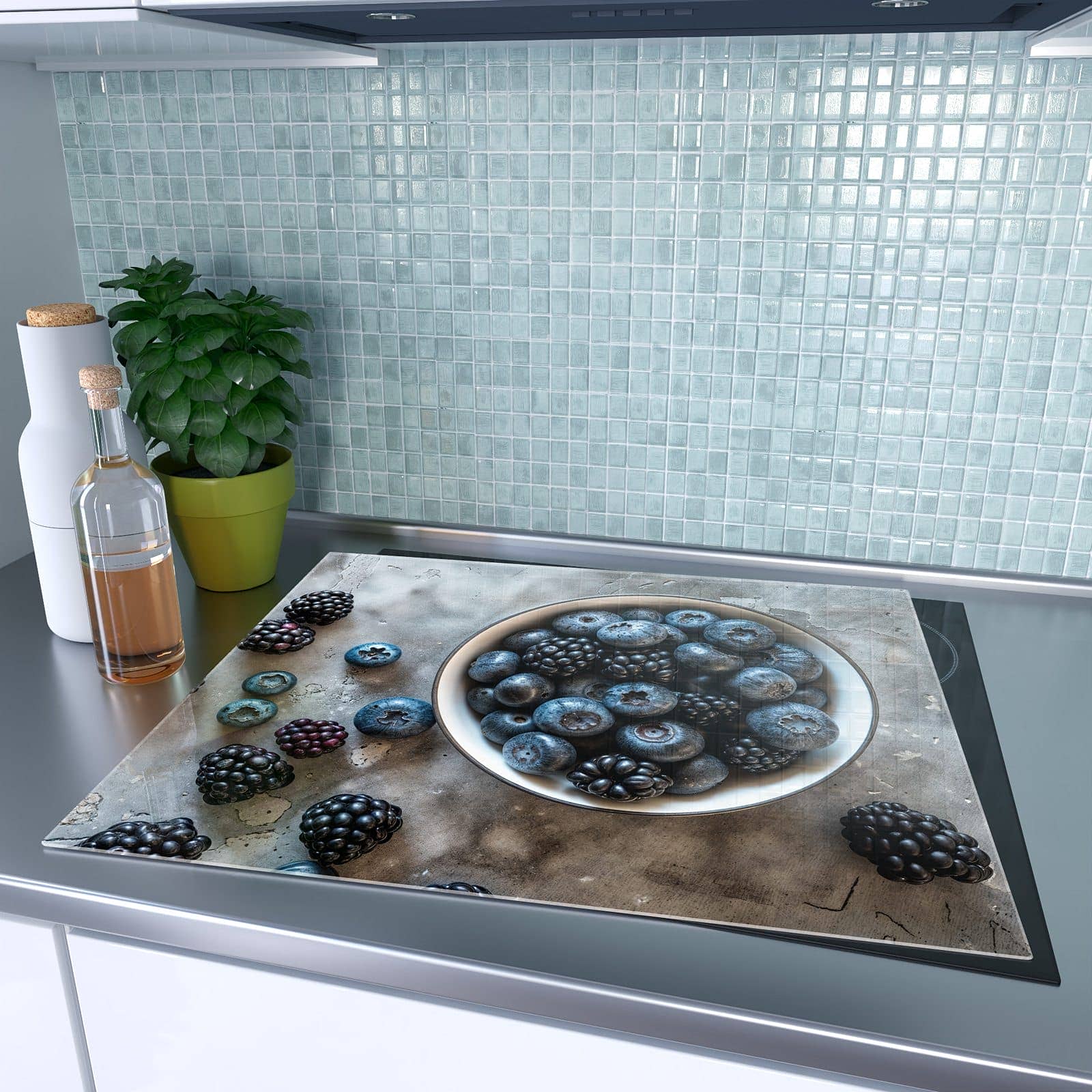 1-teilige Herdabdeckplatte mit Heidelbeeren Brombeeren-Motiv auf dem Ceranfeld