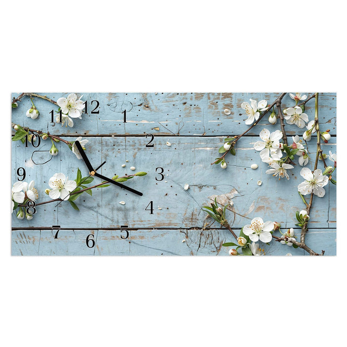Wanduhr Frühlingszweige aus Glas – Querformat 60 × 30 cm mit Ziffernblatt Klassisch