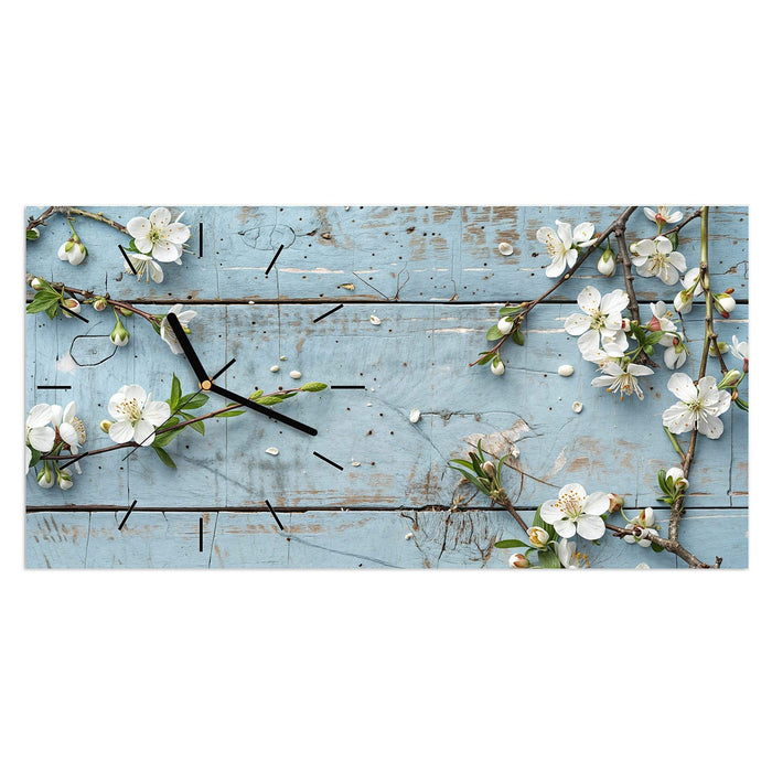 Wanduhr Frühlingszweige aus Glas – Querformat 60 × 30 cm mit Ziffernblatt Linie