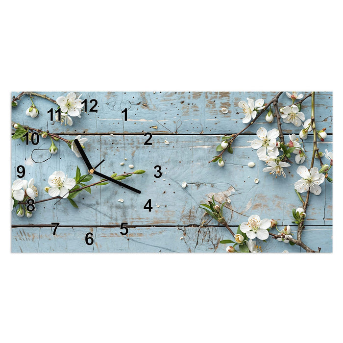 Wanduhr Frühlingszweige aus Glas – Querformat 60 × 30 cm mit Ziffernblatt Modern