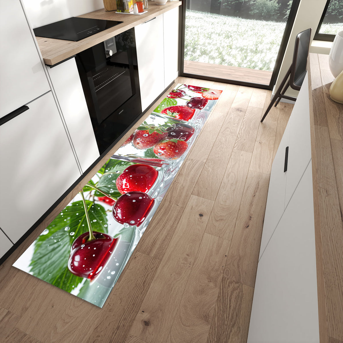 Rutschfester Küchenteppich mit Motiv Erdbeeren und Kirschen in moderner Küche - leicht zu reinigen