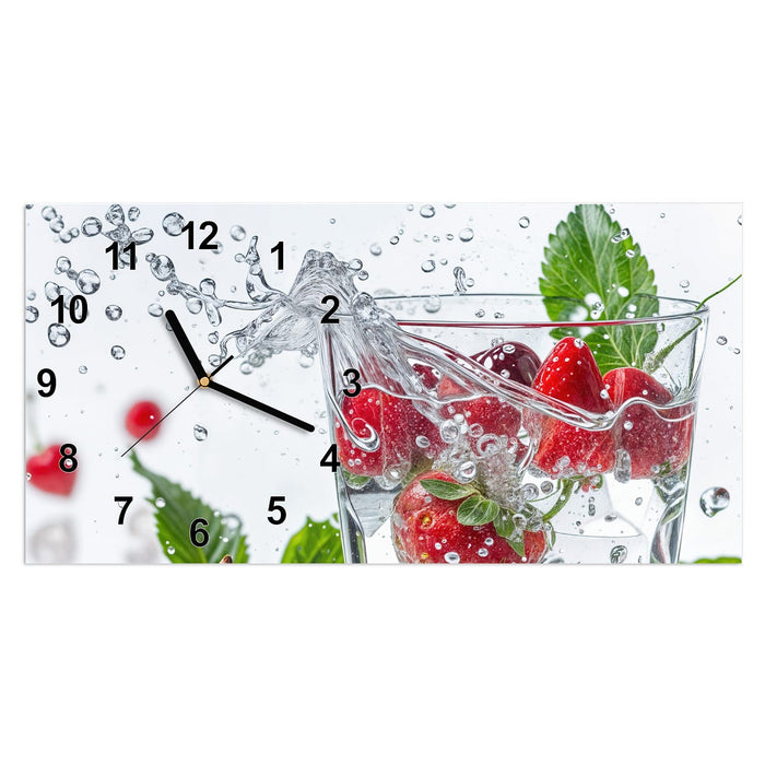 Wanduhr Erdbeeren und Kirschen aus Glas – Querformat 60 × 30 cm mit Ziffernblatt Modern