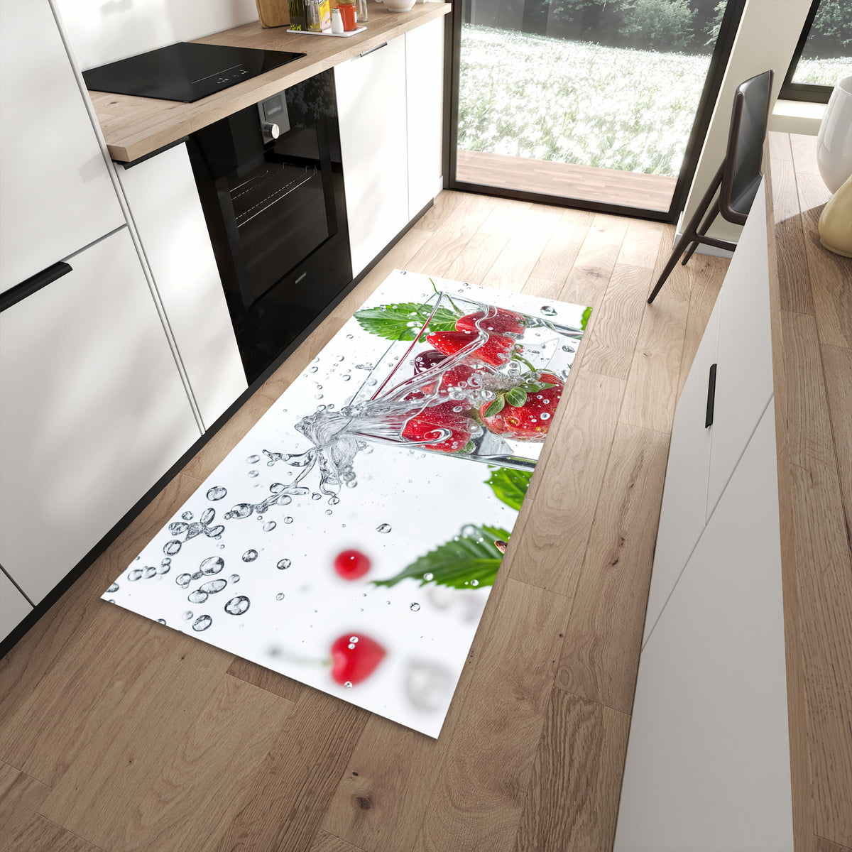 Feuchtigkeitsresistenter Küchenläufer mit Motiv Erdbeeren und Kirschen in moderner Küche
