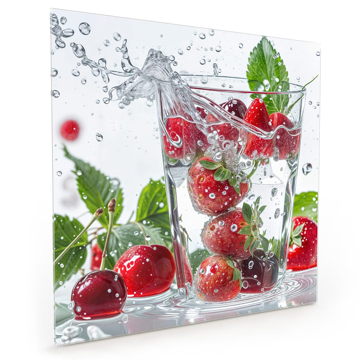 Küchenrückwand aus Glas im quadratischen Format: Erdbeeren und Kirschen fallen in ein Wasserglas, ringsum Spritzer und grüne Blätter #grösse_40 x 40 cm #grösse_50 x 50 cm #grösse_60 x 60 cm