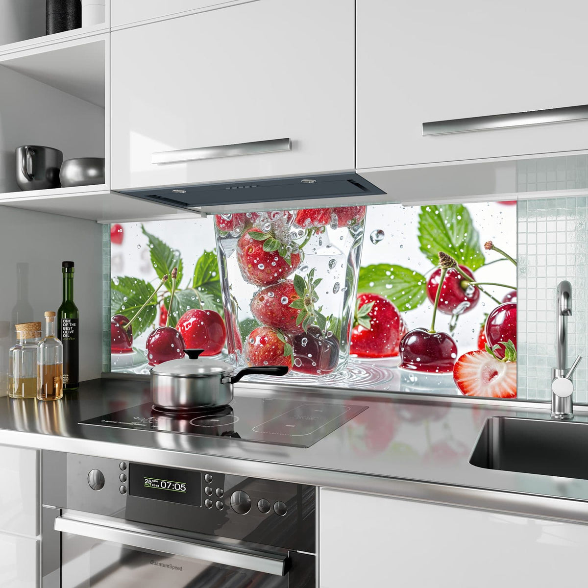 Küchenrückwand aus Glas Erdbeeren und Kirschen im Hochformat als Spritzschutz hinter dem Kochfeld, über dem Fliesenspiegel montiert
