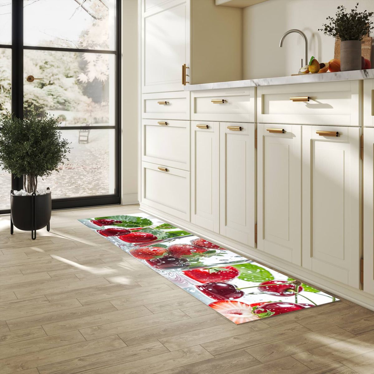 Waschbarer Teppich fürs Esszimmer mit Motiv Erdbeeren und Kirschen in heller Küche