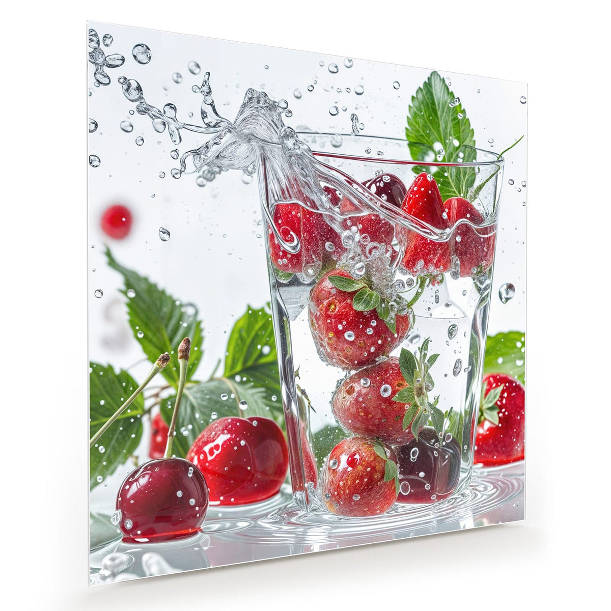 Erdbeeren und Kirschen fallen in ein Wasserglas, ringsum Spritzer und grüne Blätter