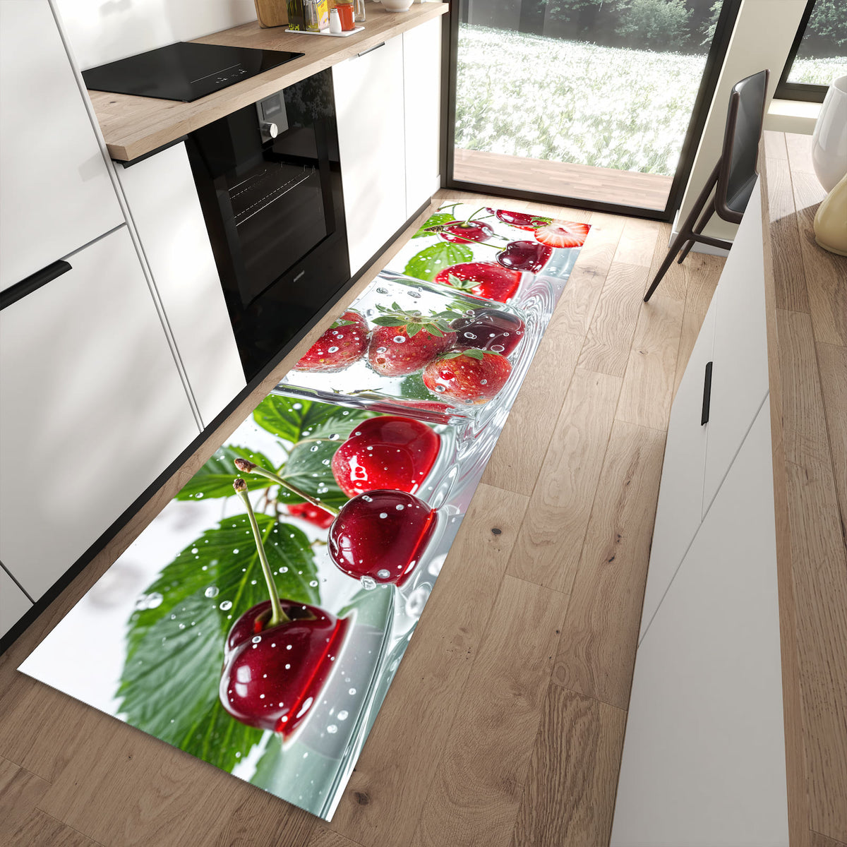 Langlebiger rutschfester Küchenteppich mit Motiv Erdbeeren und Kirschen in moderner Küche