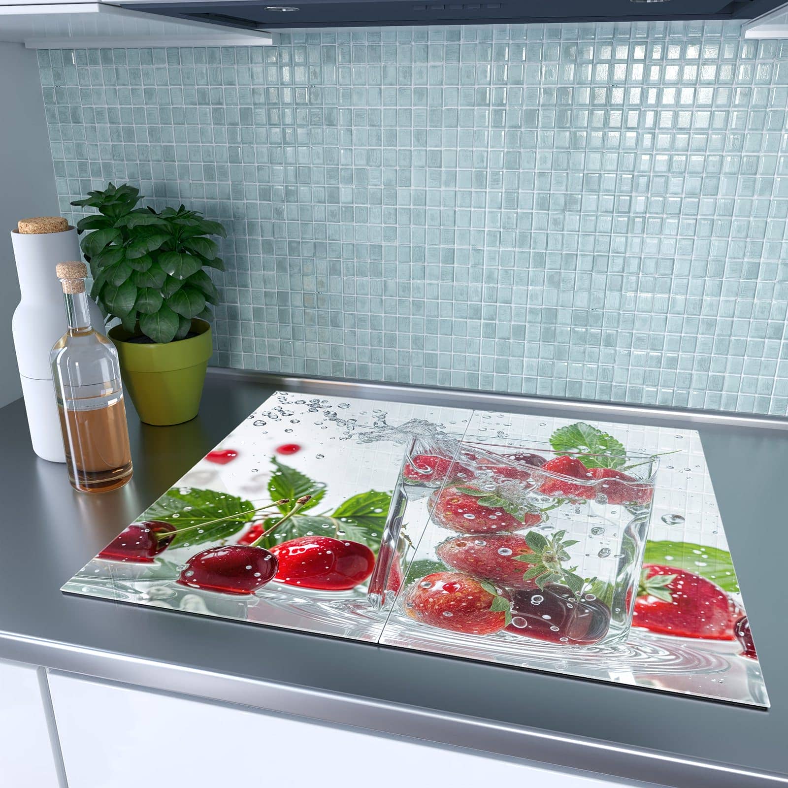 2-teilige Herdabdeckplatten aus Glas mit Erdbeeren und Kirschen-Motiv auf dem Ceranfeld