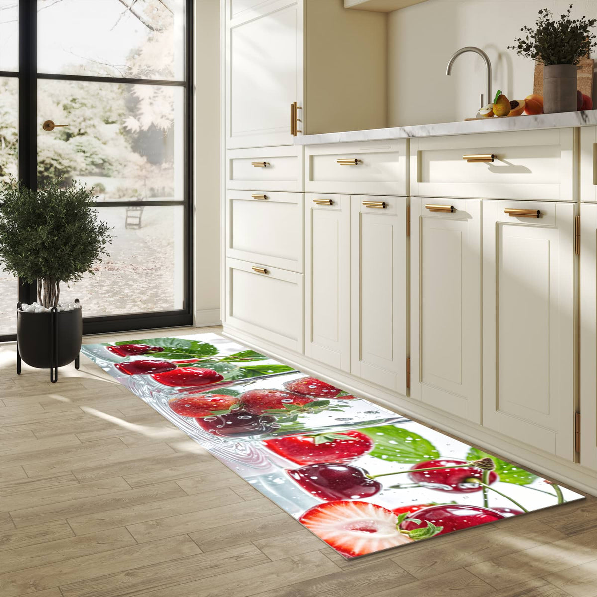 Bodenschonender waschbarer Küchenteppich mit Motiv Erdbeeren und Kirschen in heller Küche