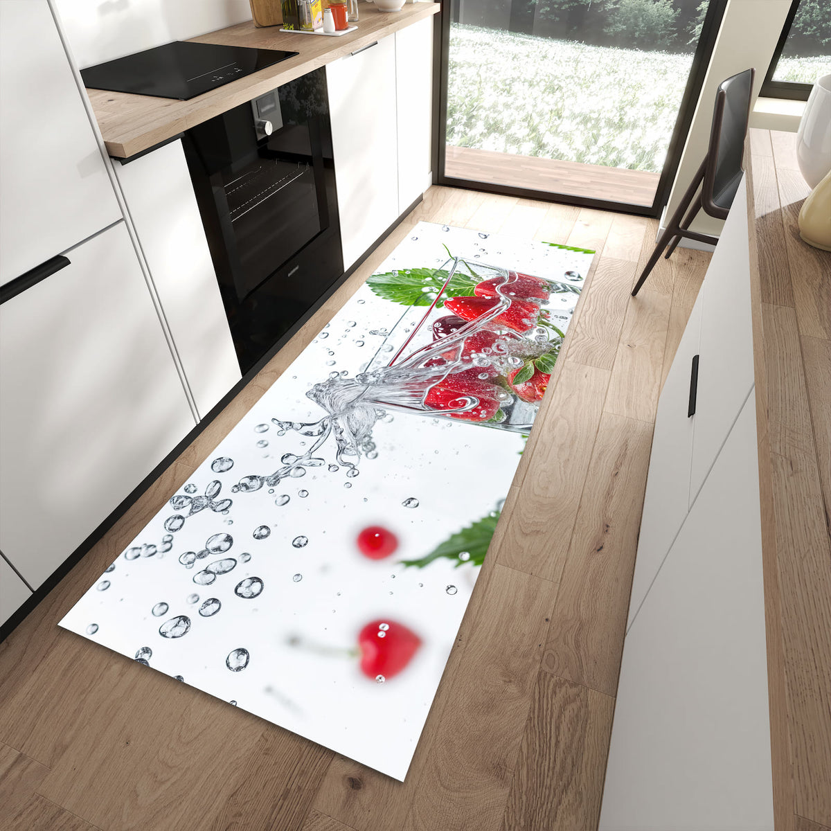 Bodenschonender Küchenläufer mit Motiv Erdbeeren und Kirschen in moderner Küche