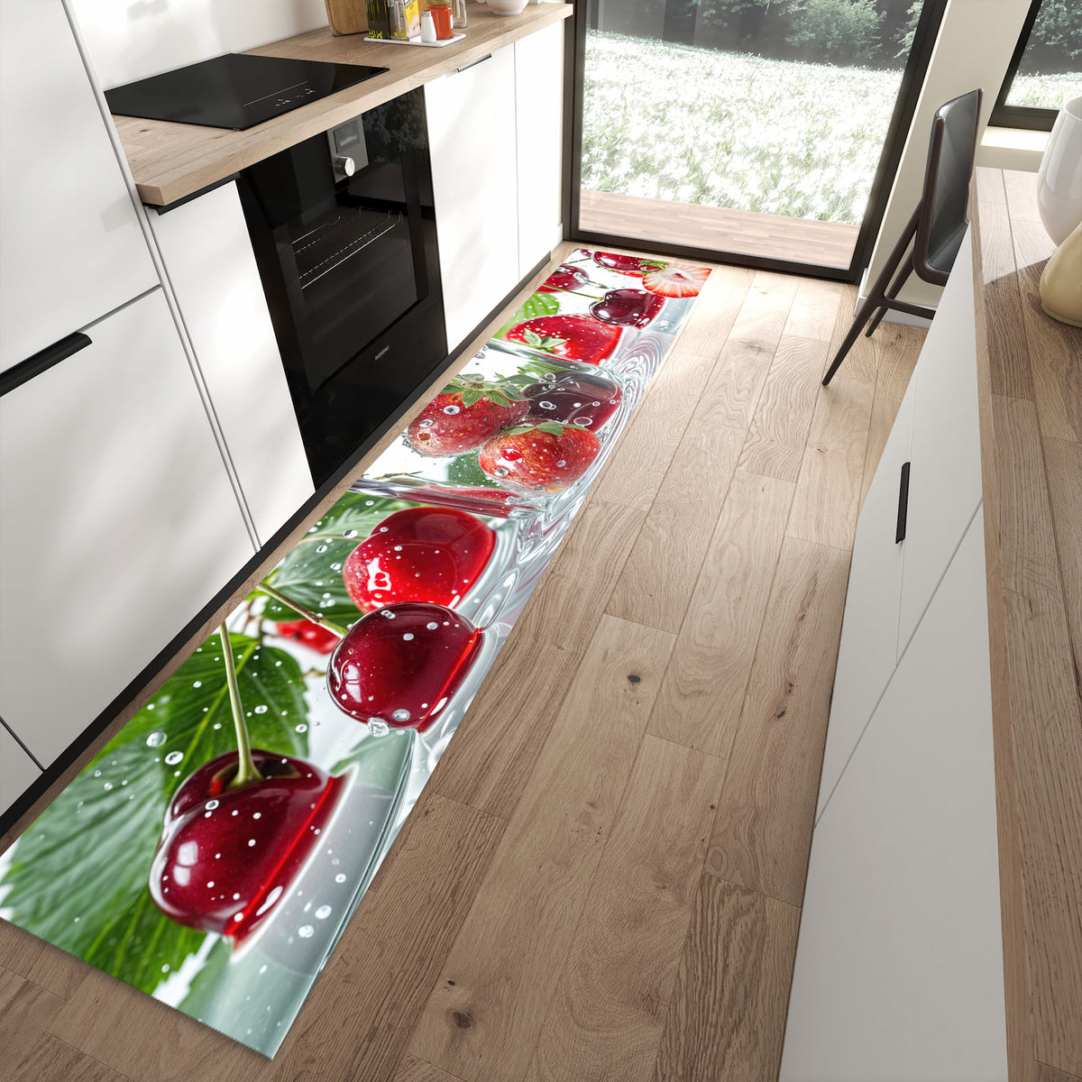 Küchenteppich mit Motiv Erdbeeren und Kirschen für angenehme Haptik in moderner Küche