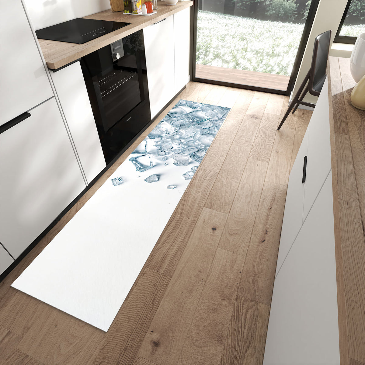 Zeitsparender langer Teppich mit Motiv Eiswürfel Haufen in moderner Küche