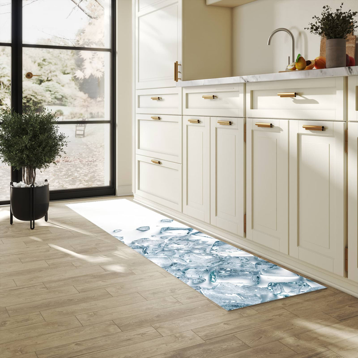 Fleckenresistenter waschbarer Teppich Küche mit Motiv Eiswürfel Haufen in heller Küche