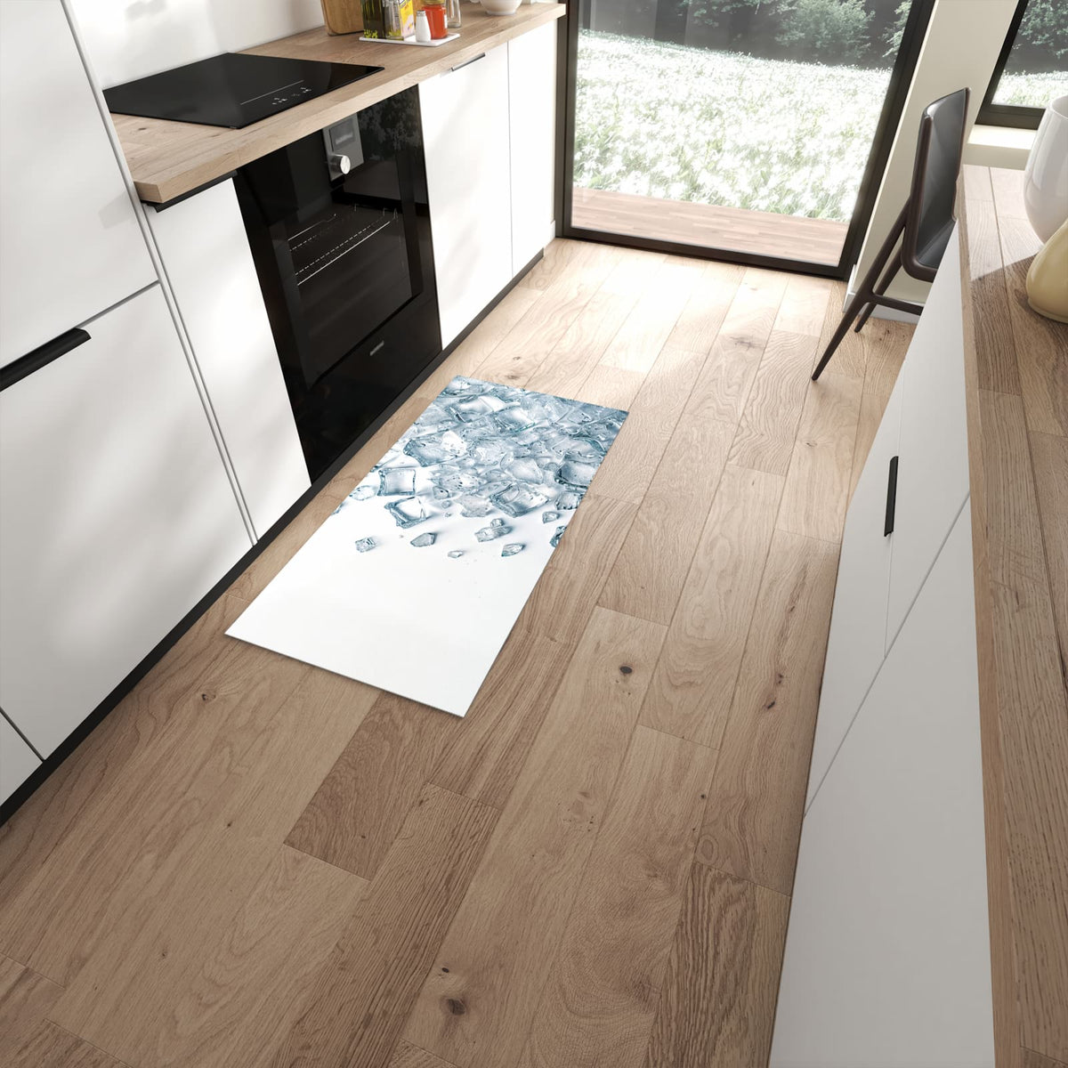 Farbbeständiger Teppichläufer mit Motiv Eiswürfel Haufen in moderner Küche #grösse_60 x 120 cm