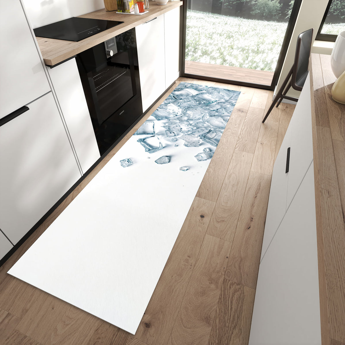 Fleckenresistenter waschbarer Teppich mit Motiv Eiswürfel Haufen in moderner Küche