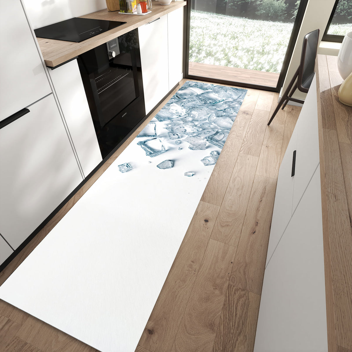 Schmutzabweisender Teppich für Esstisch mit Motiv Eiswürfel Haufen in moderner Küche