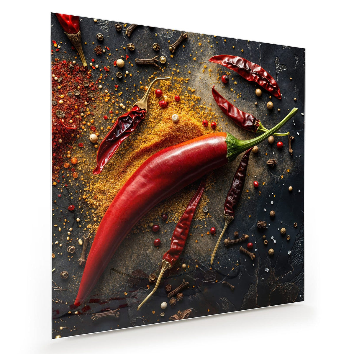 Große rote Chilischote und getrocknete Chilis auf dunklem Schiefer, dazu Gewürzpulver, Pfeffer und Nelken