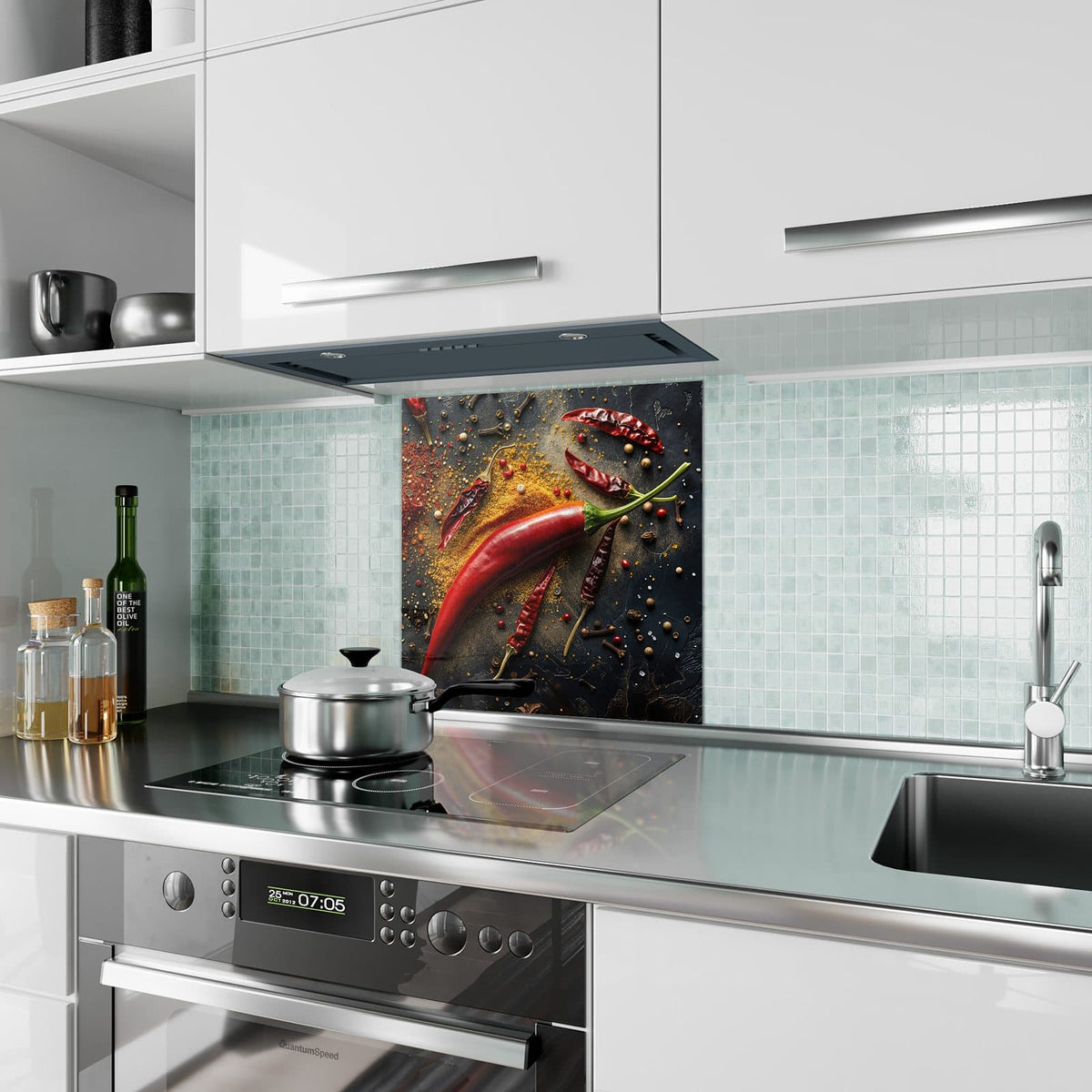 Küchenrückwand aus Glas Chili mit Gewürzen im quadratischen Format als Spritzschutz hinter dem Kochfeld, über dem Fliesenspiegel montiert