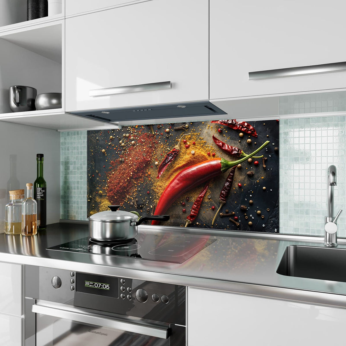 Küchenrückwand aus Glas Chili mit Gewürzen im Hochformat als Spritzschutz hinter dem Kochfeld, über dem Fliesenspiegel montiert