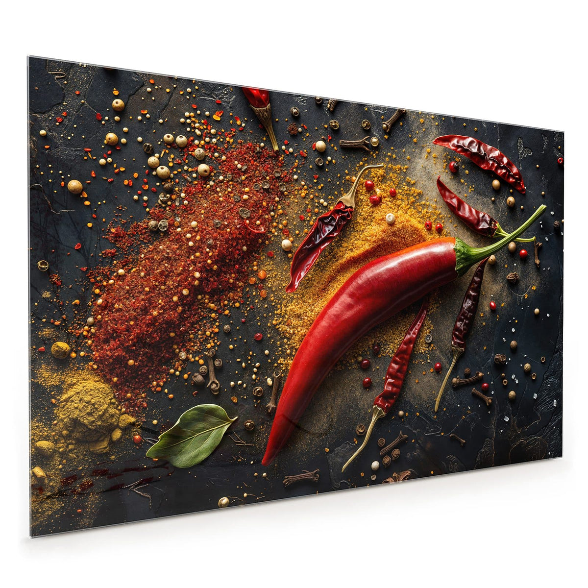 Küchenrückwand aus Glas im Hochformat: Große rote Chilischote und getrocknete Chilis auf dunklem Schiefer, dazu Gewürzpulver, Pfeffer und Nelken