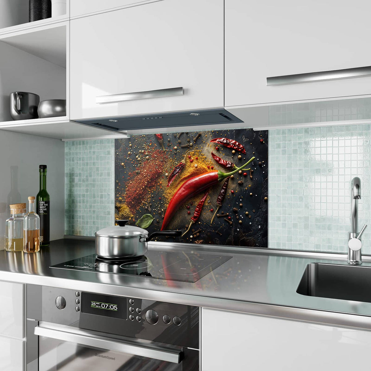 Küchenrückwand aus Glas Chili mit Gewürzen im Hochformat als Spritzschutz hinter dem Kochfeld, über dem Fliesenspiegel montiert