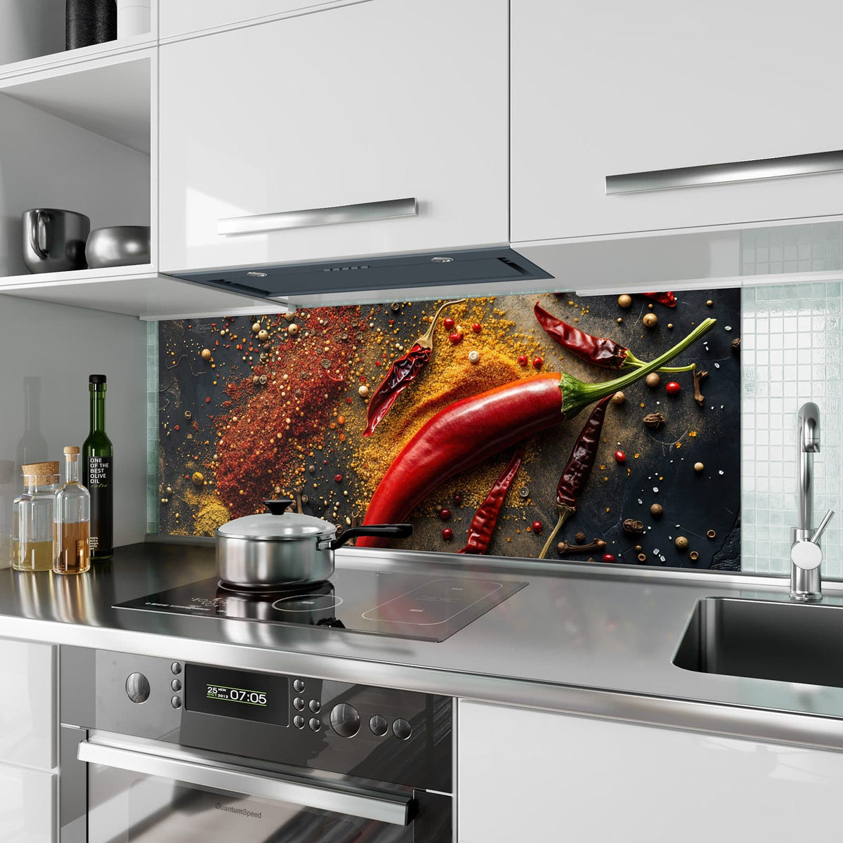 Küchenrückwand aus Glas Chili mit Gewürzen im Hochformat als Spritzschutz hinter dem Kochfeld, über dem Fliesenspiegel montiert
