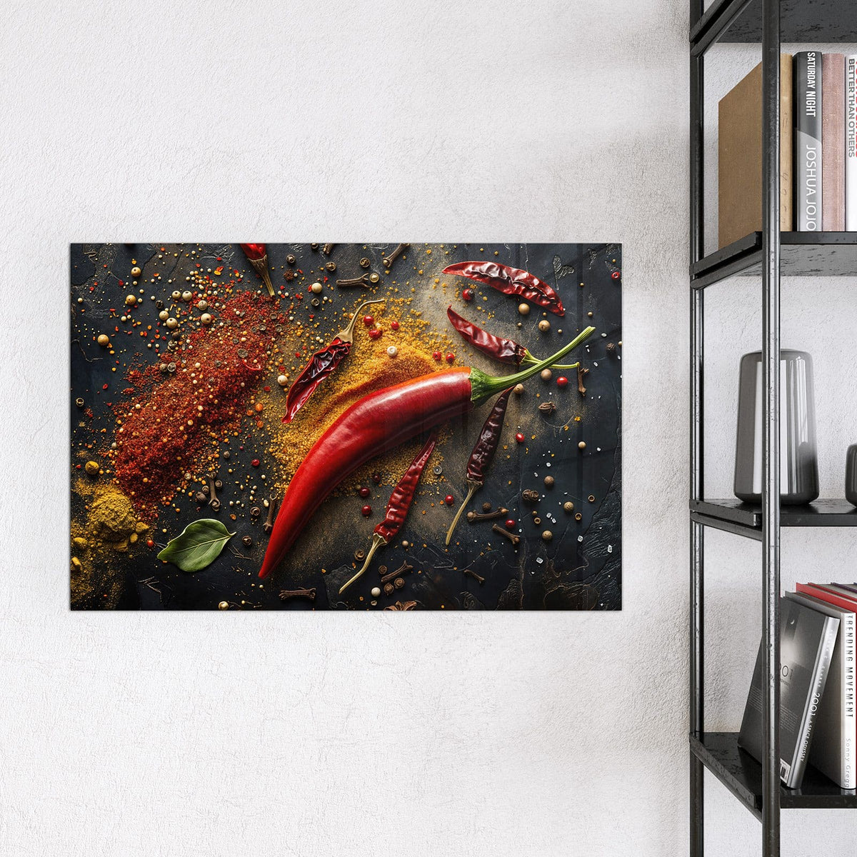Magnettafel - Chili mit Gewürzen – Rote Chilis und Gewürzpulver