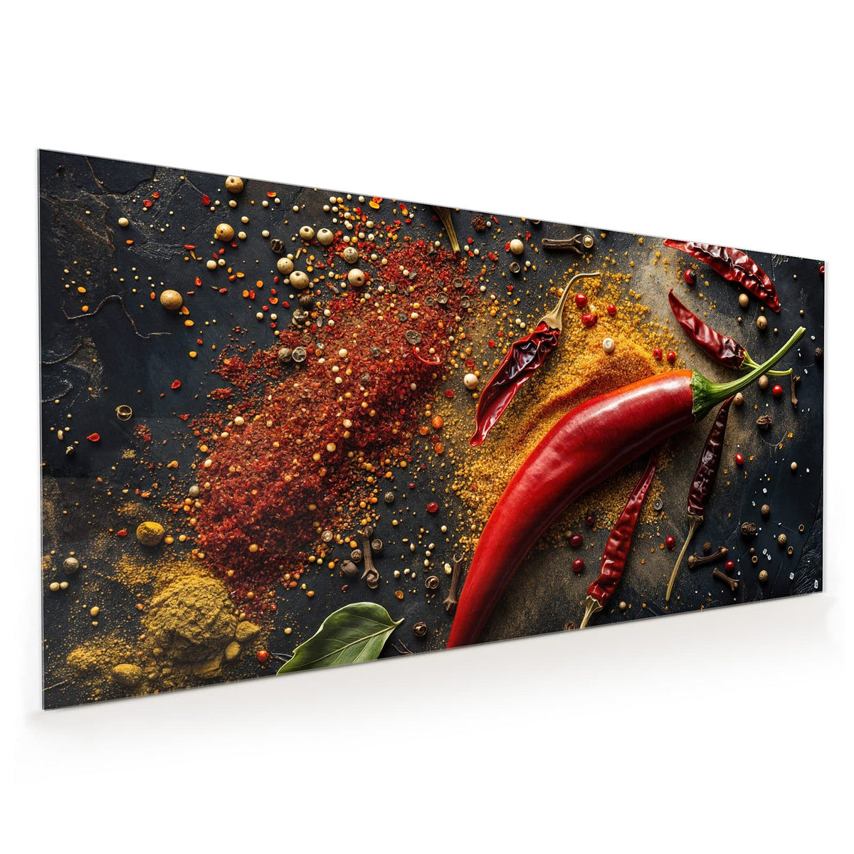 Küchenrückwand aus Glas im Hochformat: Große rote Chilischote und getrocknete Chilis auf dunklem Schiefer, dazu Gewürzpulver, Pfeffer und Nelken