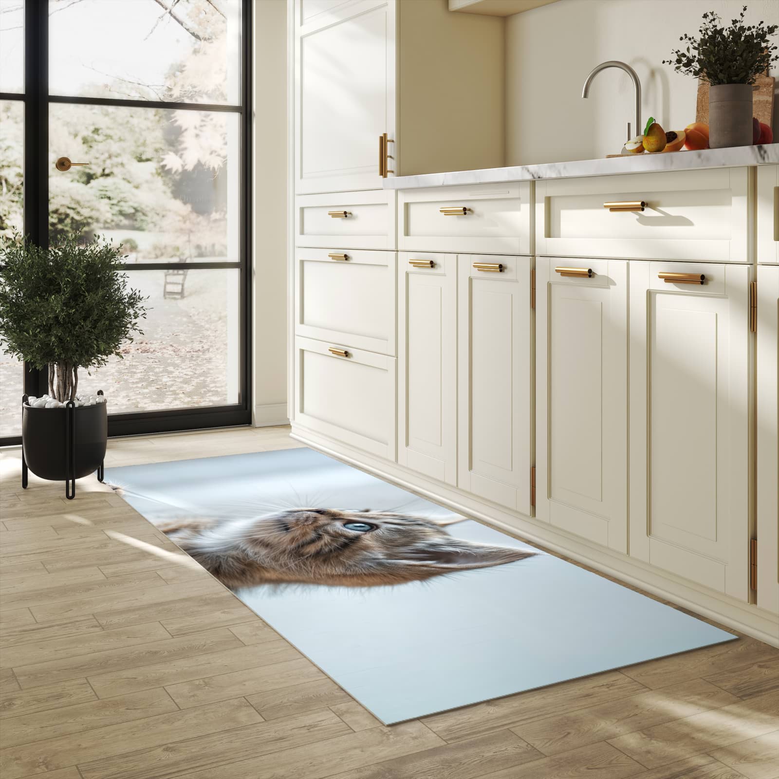 Schmutzabweisender moderner Küchenläufer mit Motiv Kätzchen22 in heller Küche