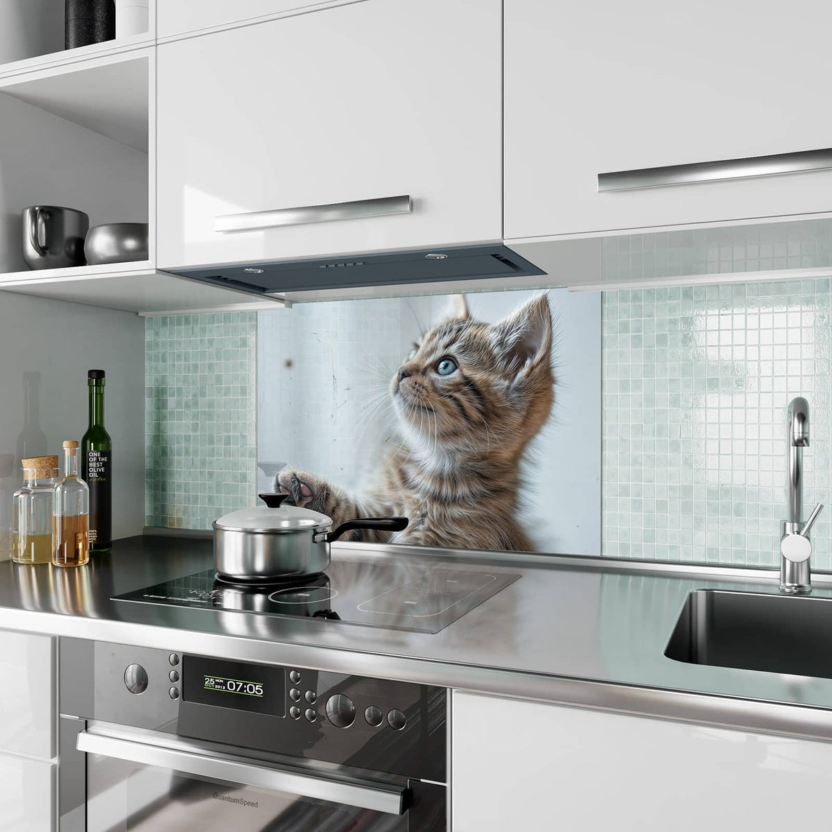 Küchenrückwand aus Glas Getigertes Kätzchen im Hochformat als Spritzschutz hinter dem Kochfeld, über dem Fliesenspiegel montiert