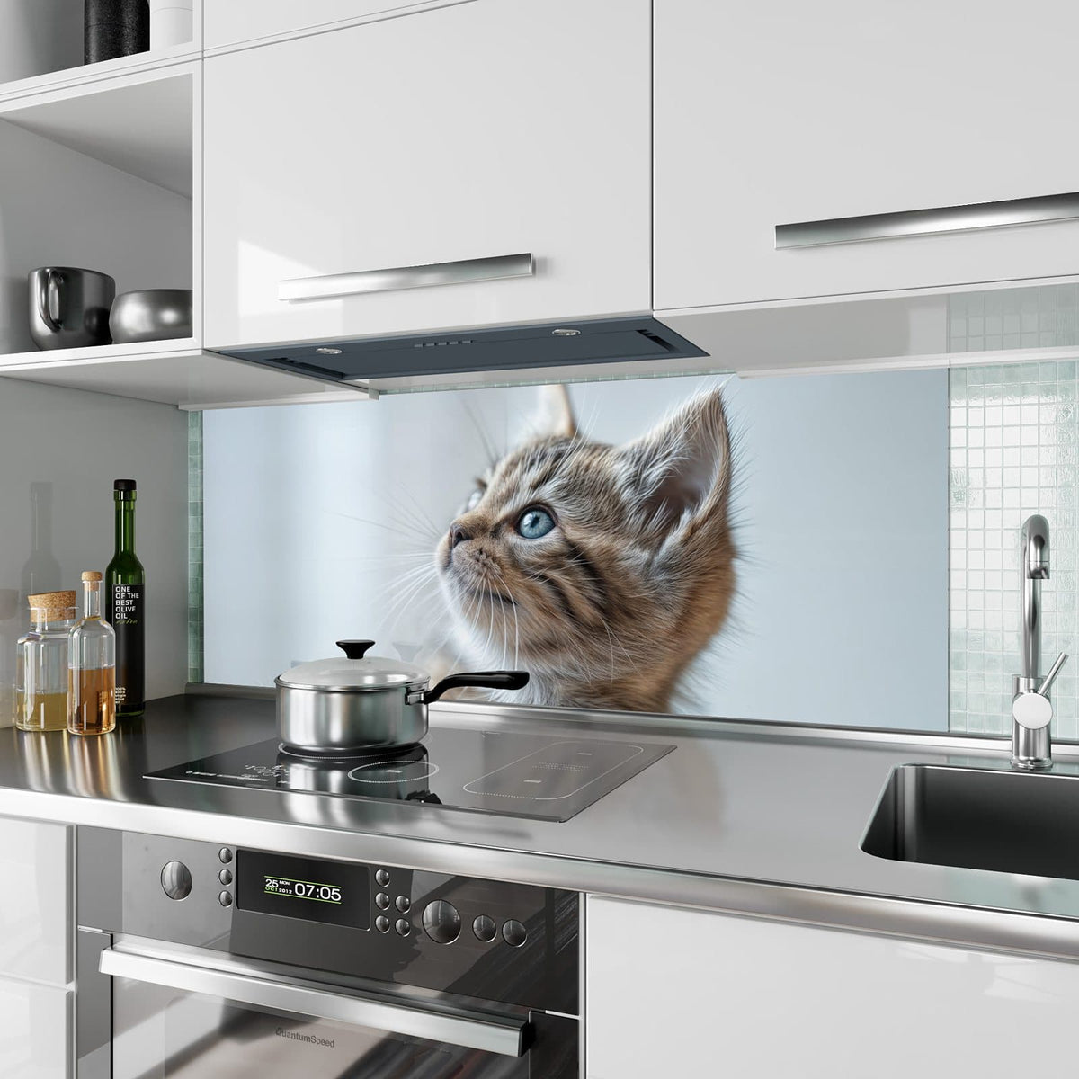 Küchenrückwand aus Glas Getigertes Kätzchen im Hochformat als Spritzschutz hinter dem Kochfeld, über dem Fliesenspiegel montiert