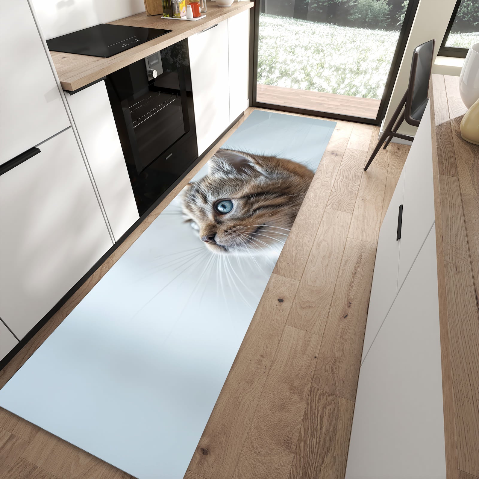 Langlebiger Küchenläufer mit Motiv Kätzchen22 in moderner Küche