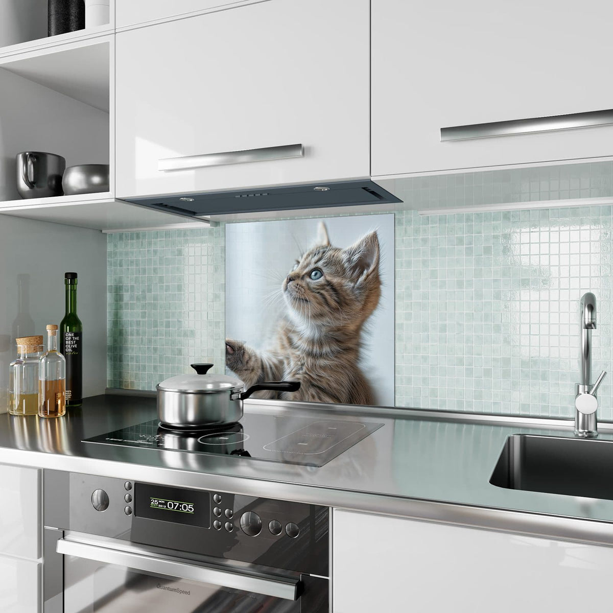 Küchenrückwand aus Glas Getigertes Kätzchen im quadratischen Format als Spritzschutz hinter dem Kochfeld, über dem Fliesenspiegel montiert