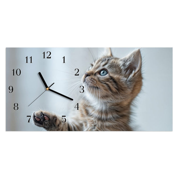 Wanduhr Getigertes Kätzchen aus Glas – Querformat 60 × 30 cm mit Ziffernblatt Klassisch