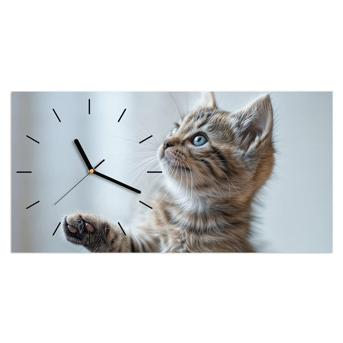 Wanduhr Getigertes Kätzchen aus Glas – Querformat 60 × 30 cm mit Ziffernblatt Linie
