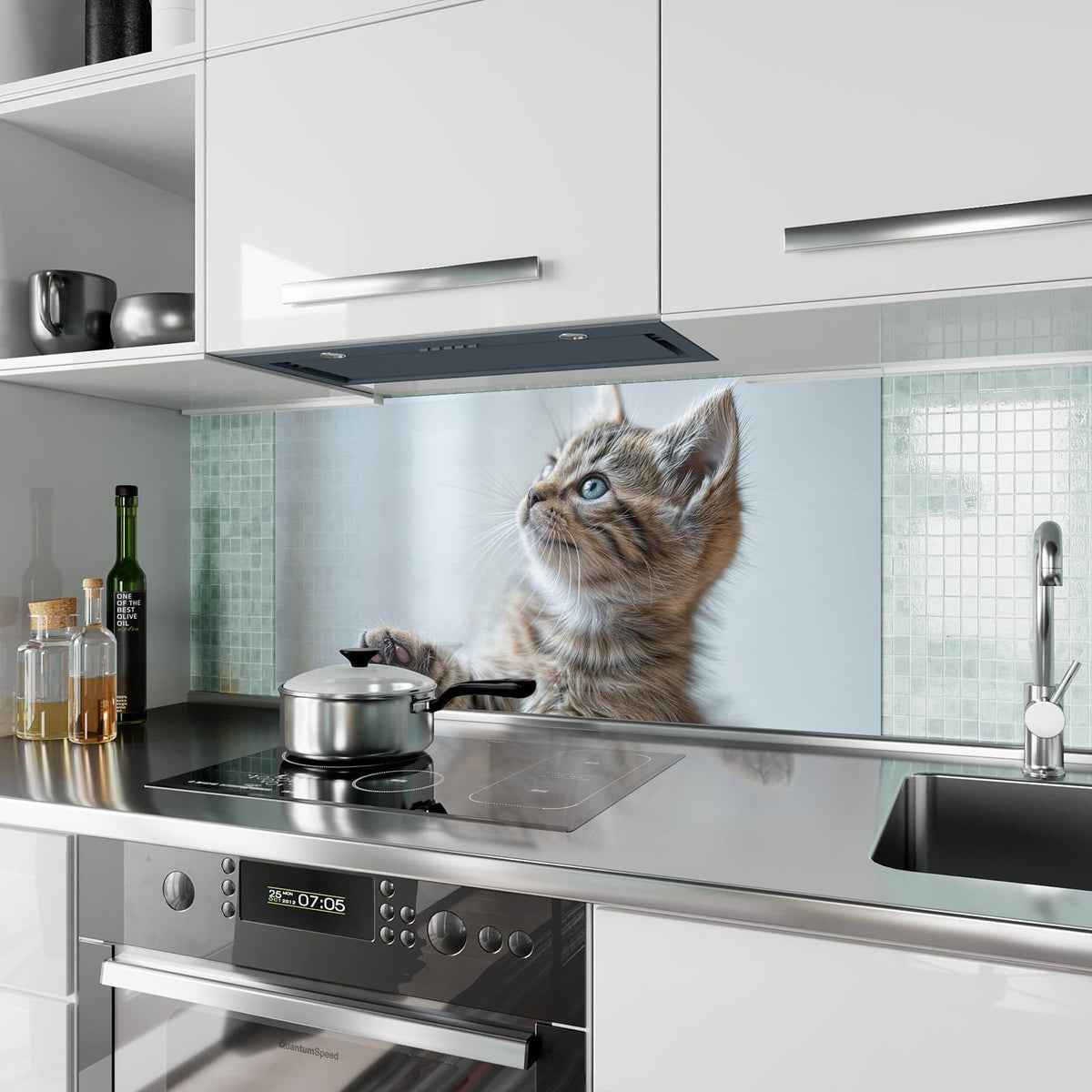Küchenrückwand aus Glas Getigertes Kätzchen im Hochformat als Spritzschutz hinter dem Kochfeld, über dem Fliesenspiegel montiert