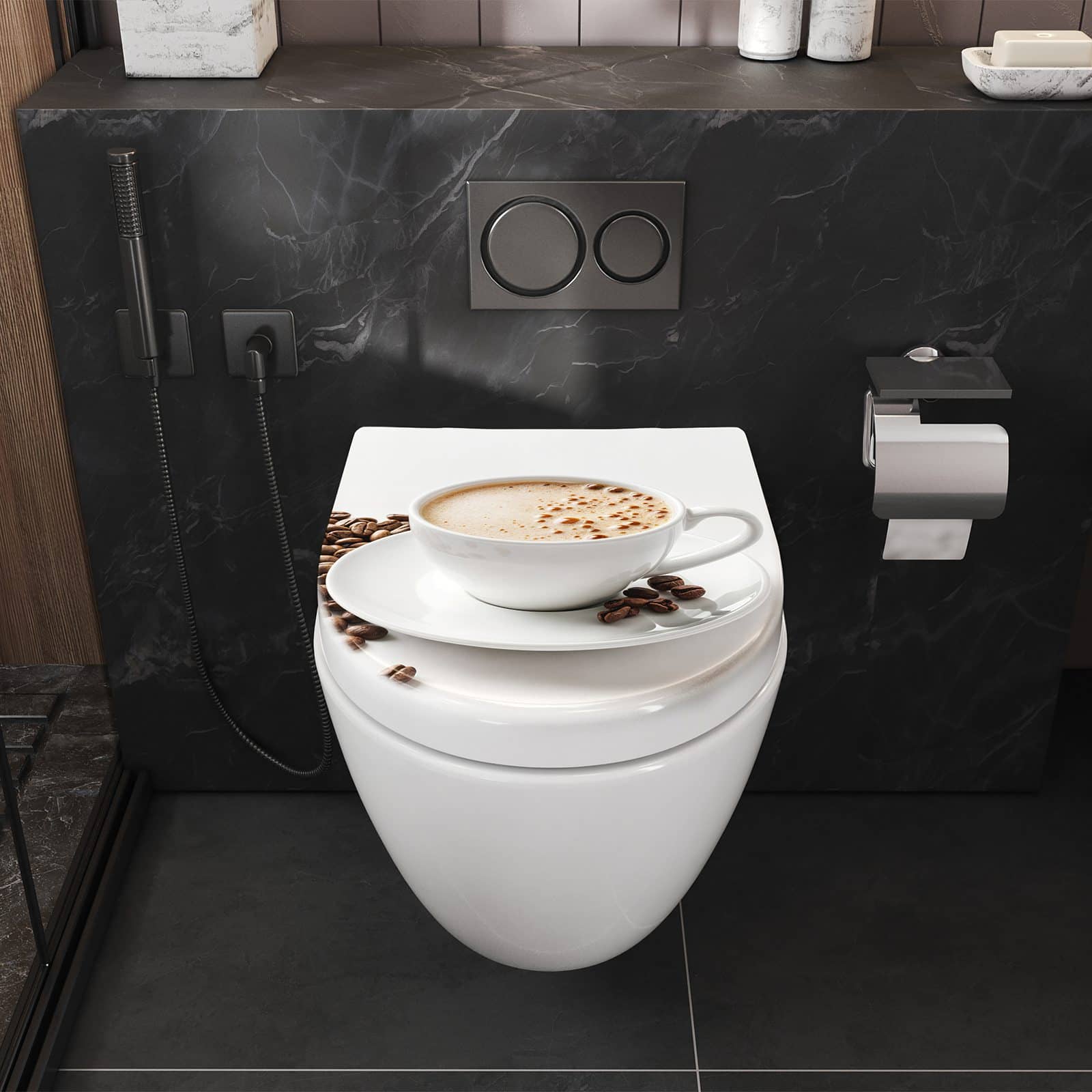 WC-Sitz mit Absenkautomatik Kaffeetasse und Bohnen
