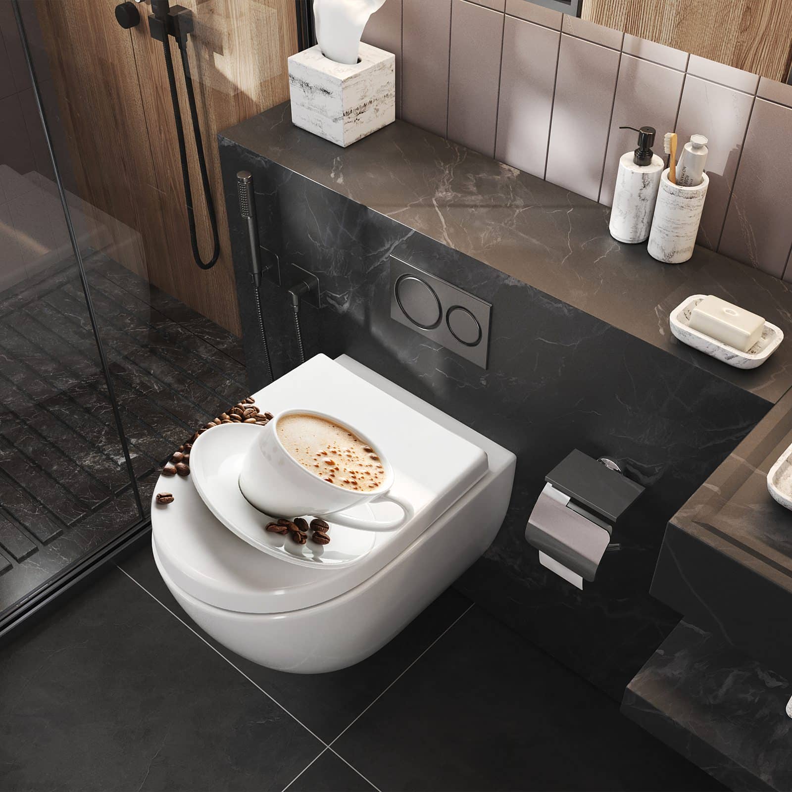 WC-Sitz mit Absenkautomatik Kaffeetasse und Bohnen