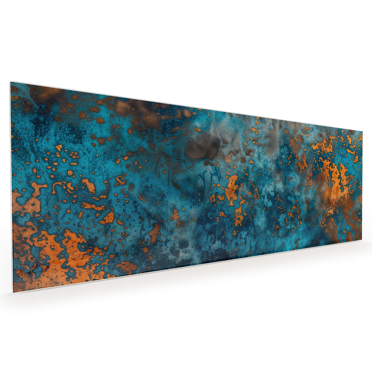 Küchenrückwand aus Glas im Hochformat: Türkisblaue Fläche mit rostorangen Flecken wie oxidiertes Kupfer #grösse_40 x 100 cm #grösse_50 x 125 cm #grösse_60 x 150 cm