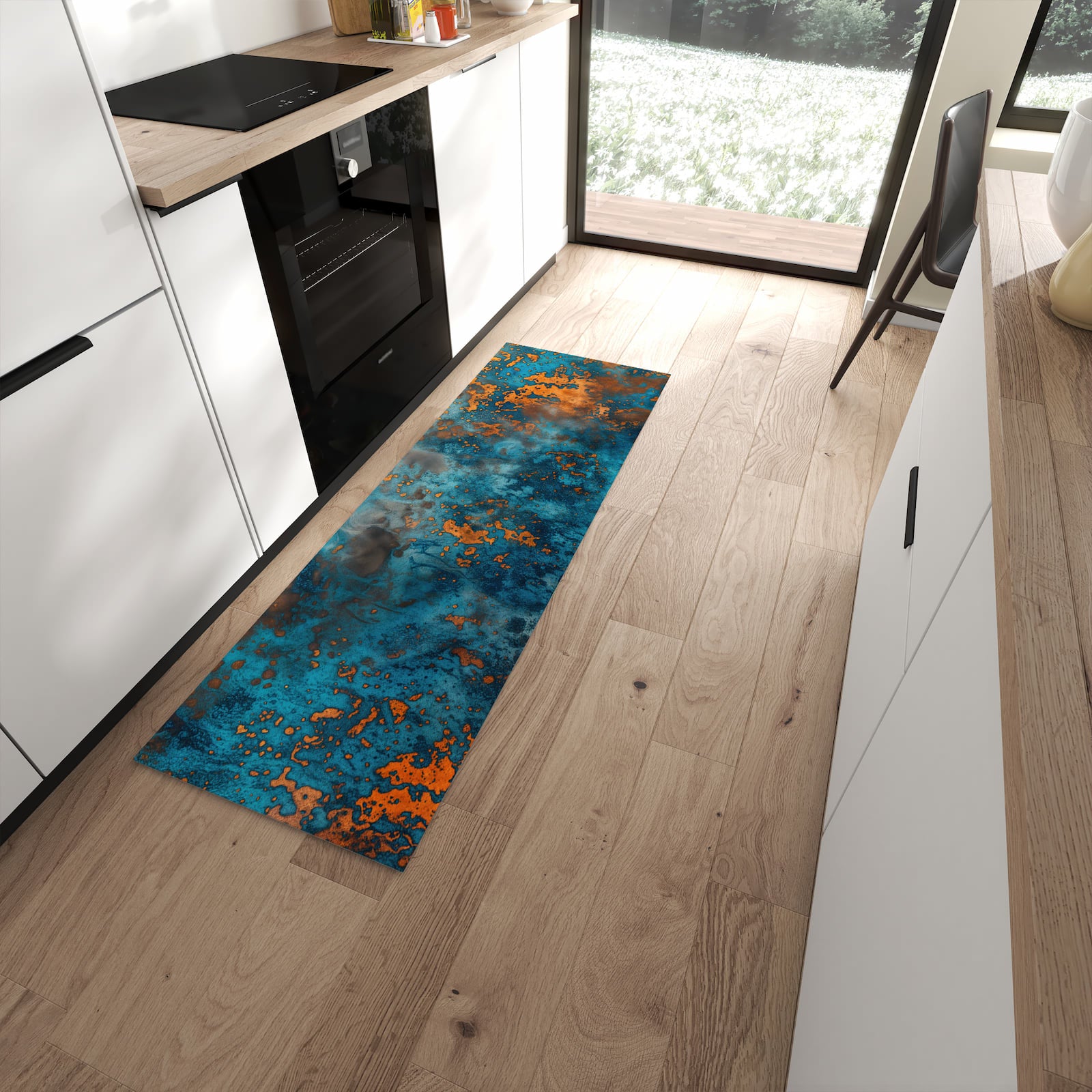 Hygienischer Küchenläufer mit Motiv Blaue Maserung in moderner Küche