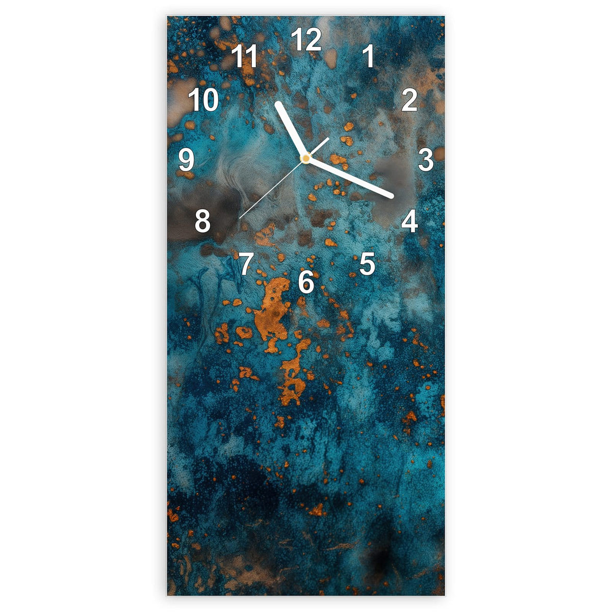Wanduhr aus Glas, Ziffernblatt Modern: Türkisblaue Fläche mit rostorangen Flecken wie oxidiertes Kupfer