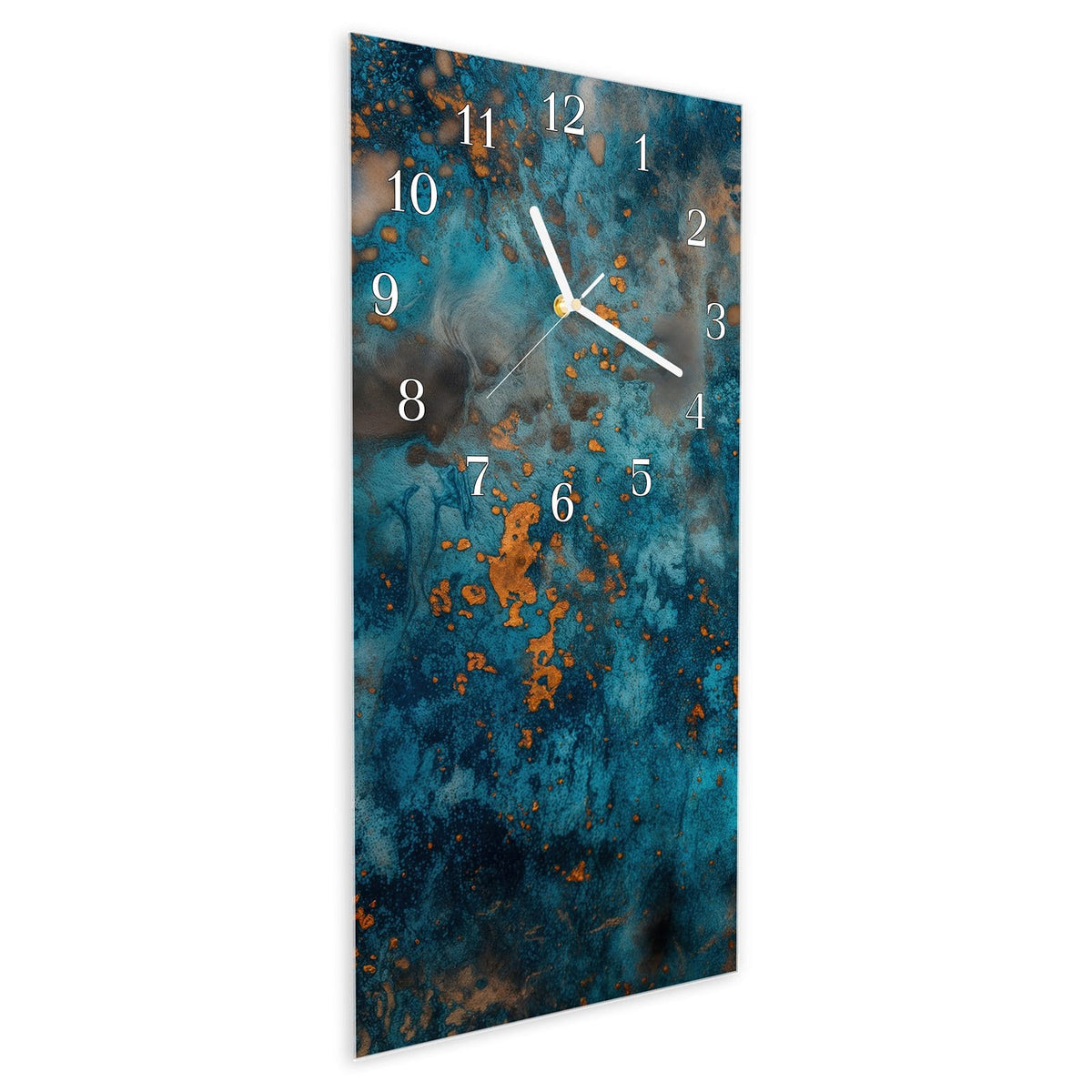Wanduhr aus Glas im Hochformat Kupferpatina schräg von der Seite, 4 mm starkes Glas