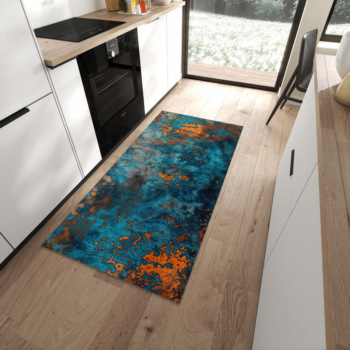Farbbeständiger Küchenläufer mit Motiv Blaue Maserung in moderner Küche zum Waschen