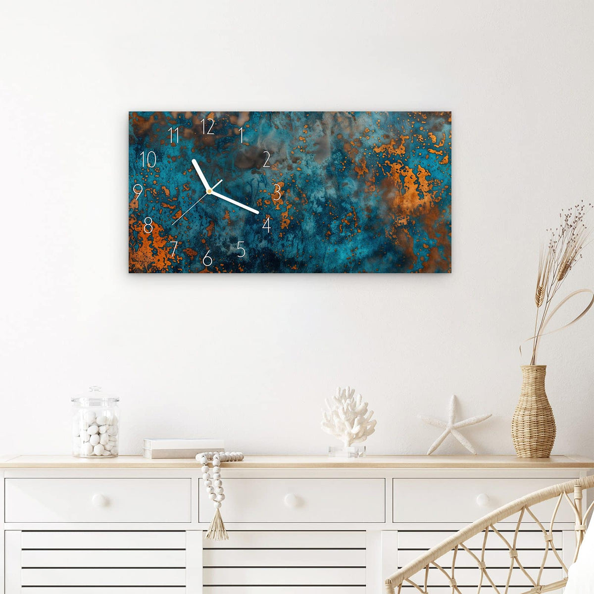Wanduhr Blaue Maserung aus Glas – Querformat 60 × 30 cm – Türkis und Rost wie oxidiertes Metall