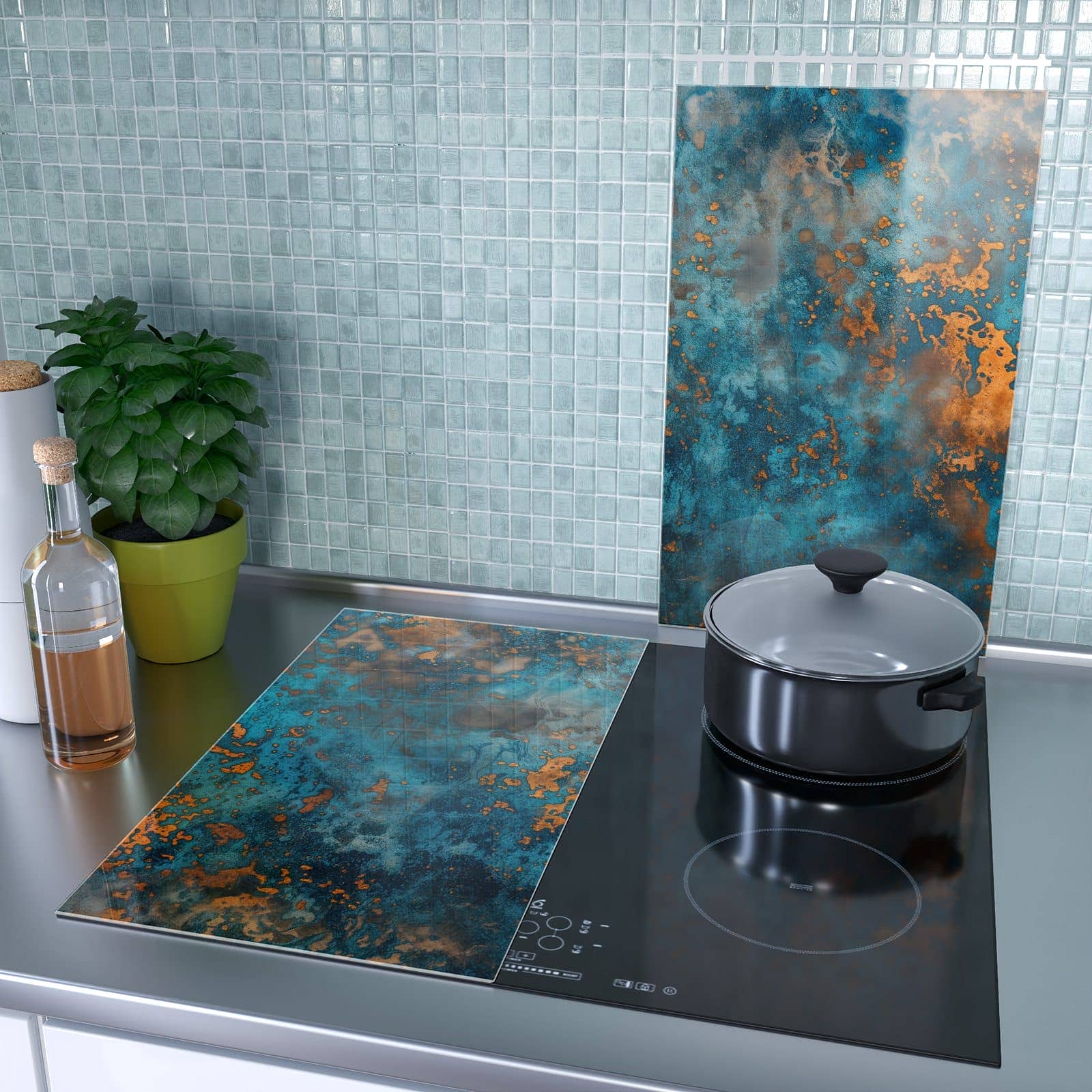 2-teilige Herdabdeckplatte für Induktion mit Blaue Maserung-Motiv als Spritzschutz hinter dem Kochfeld